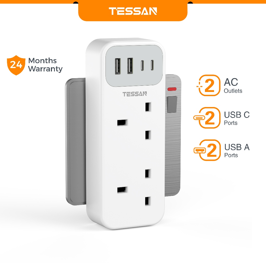 TESSAN Multi Plug Extension Adapter with USB and Type C,2 Way Power Extension Socket Wall plug