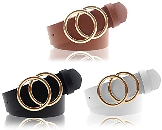 Udekit Women's PU Leather Belt Double O Ring Soft Faux Leather Waist Belt