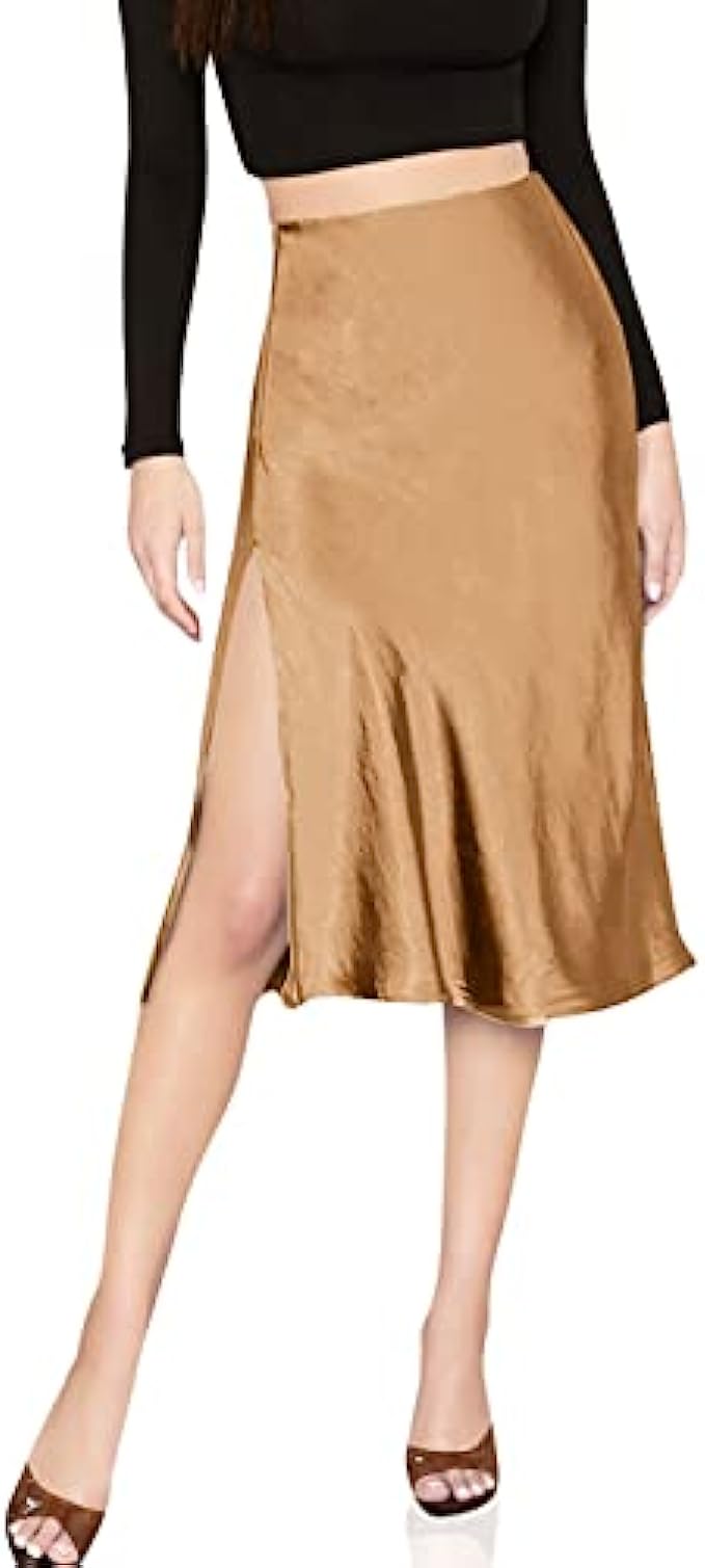 SheIn Women's Party Sexy Satin Split Side Basic Zipper Mid Waist Midi Skirt